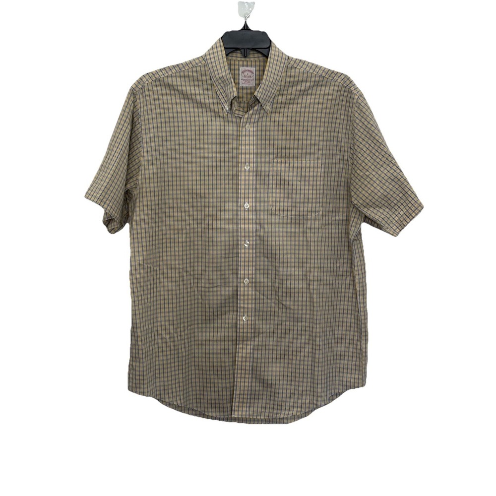 Brooks Brothers Traditional Fit Short Sleeve Button Up Shirt Men L, Yellow Plaid